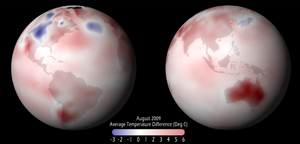 Global surface temperature anomalies for the month of August 2009. Temperature is compared to the average global temperature from 1961-1990 Credit: NOAA
