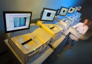 The 454 genome sequencing instruments (shown here at the Joint Genome Institute’s Walnut Creek, Calif., headquarters) are among the platforms to be utilized in the grasslands project. Roy Kaltschmidt, Lawrence Berkeley National Laboratory
