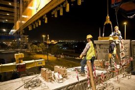 Work on Dubai’s metro line is carried out at night too. Workmen join a total of 11,400 precast concrete elements using Concresive 1441. This special adhesive was custom developed by BASF for the construction of the Dubai metro line. It is capable of withstanding Dubai’s sometimes extreme climatic conditions as well as the impact and heavy vibrations caused by the trains. Photo: BASF - The Chemical Company, 2010