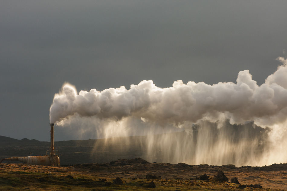 Steam estuary in geothermal power plant close to Gunnuhver hot springs area in south Iceland