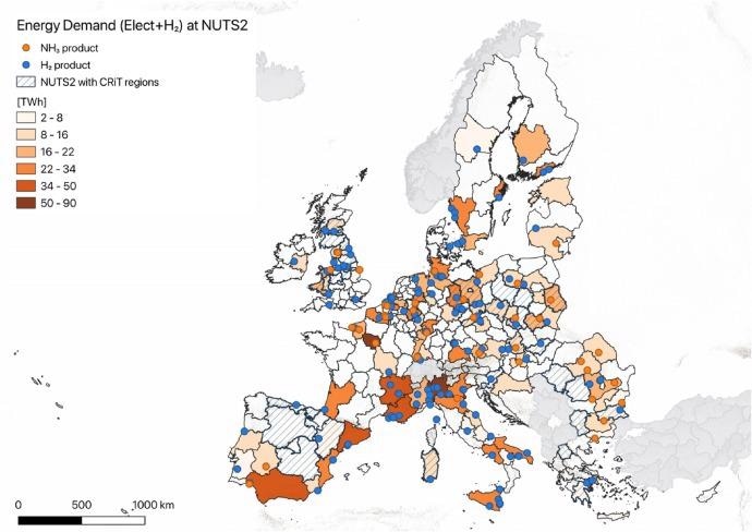 Distribution of main hydrogen production hubs in EU27 + UK. Green and blue dots represent chemical industries with hydrogen and ammonia production. Shaded polygons show EU coal regions in transition (CRiT). Background colors represent total demand in TWh per year, i.e., the sum of electricity consumption and the potential demand for electrolysis only in hydrogen-producing regions.