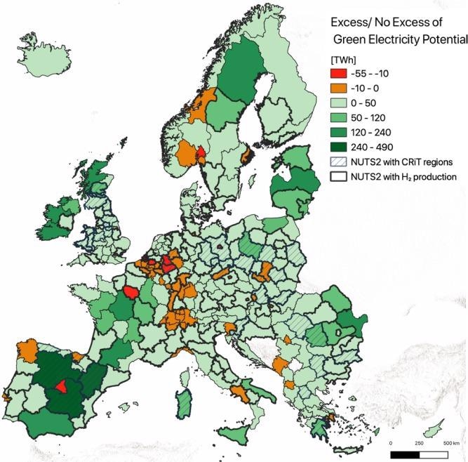 Regions with an excess or deficit of technical potential for green electricity after subtracting the current consumption for all sectors and that needed for moving from existing hydrogen production from grey to green. The shaded regions represent the CRiTs and the bold black outlined polygons the NUTS2 with current hydrogen production.