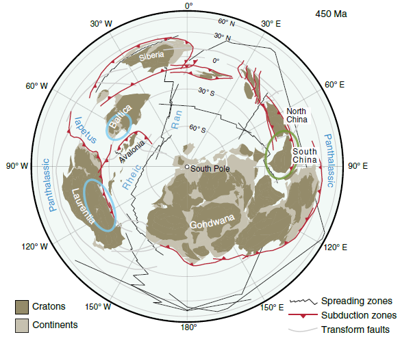 Palaeogeographic reconstruction for the Late Ordovician at ~450 Ma (Katian). Ellipses mark the two volcanic provinces investigated in this study, with blue ellipses representing the North American and Scandinavian provinces and a green ellipse representing the Chinese province. The base map was constructed using the plate tectonic reconstructions from Merdith, et al., 2021 and is based partly on Cocks, and Torsvik, 2020.