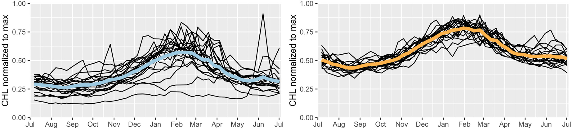 Annual clustering results for the northern half of the Red Sea (above 20°N). The average annual cycles of normalized chlorophyll-a concentration (thick lines) with all annual cycles (thin lines) for bio-regions #3 and #4