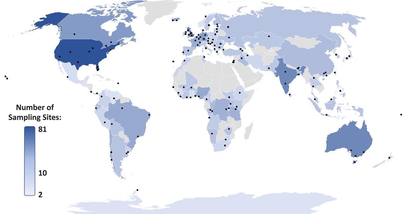 Locations of studied rivers/catchments (n = 137) for our global study. Points indicate groups of sampling sites across respective river catchments and countries are shaded based upon the total number of sampling sites.