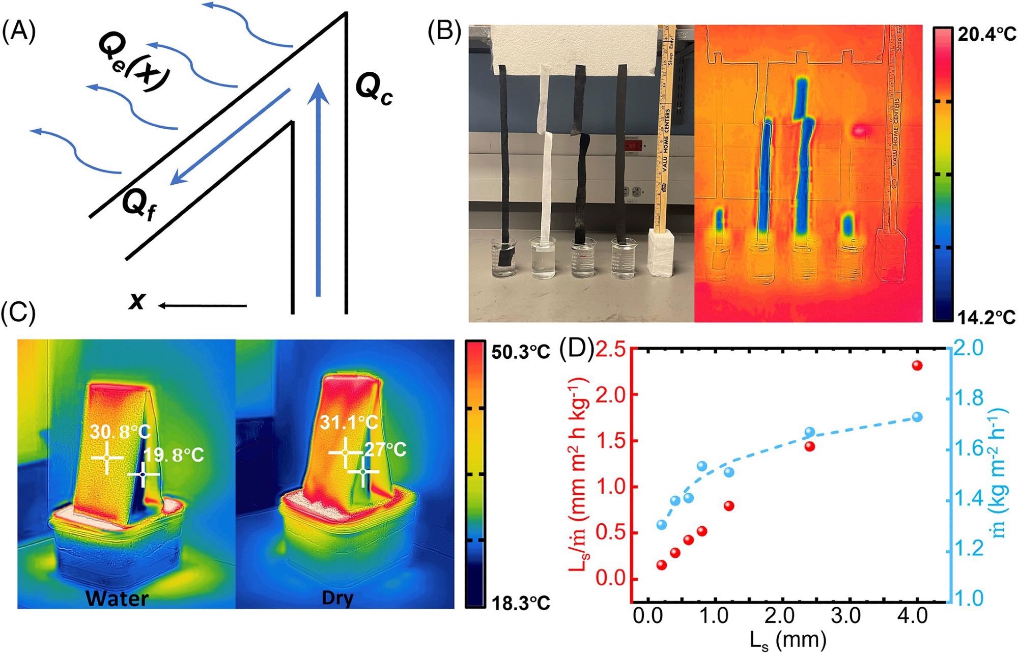 Water transfer capability. (A) Characterization of the salt accumulation on the umbrella structure. (B) Comparison of materials (ProCool Athletic Pique ®, Texwipe 609 ®, CCF, and Highland ® fabric) to determine maximum Qc. (C) Thermal images of the 1-layer evaporation surface (the left panel) and the dry surface (the right panel) under the same solar under four sun illumination. The color bar is tuned to better show the temperatures on the evaporators. (D) Measured ratio of Ls/m (red spheres) and m (blue spheres) as the function of the evaporative film thickness Ls. The blue dashed line is the fitting curve to show the trend of Qe with the increasing Ls.