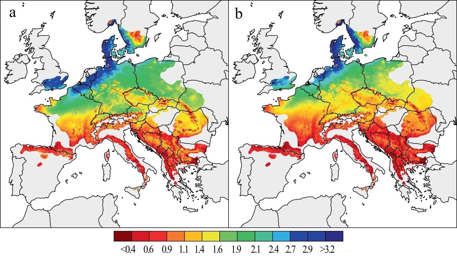 Spatial patterns of beech growth during the last decades. Mean estimates of BAI (in mm2) from 1955–1985 (a) and 1986–2016 (b), were calculated for a theoretical tree derived from a 324-site chronology network.