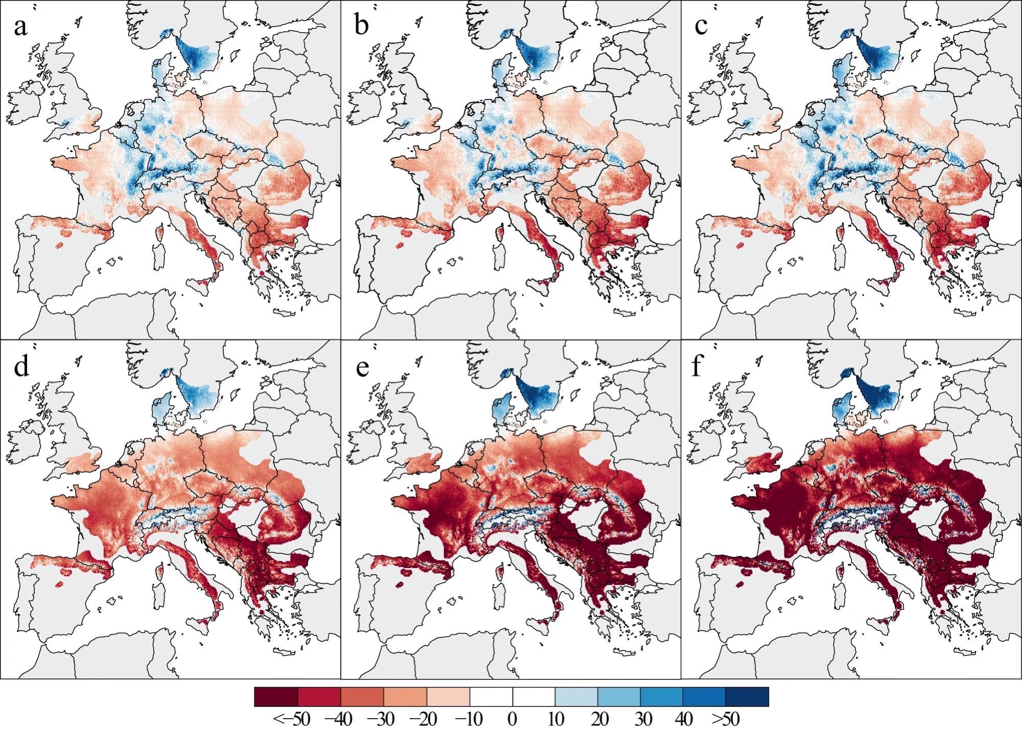 Relative changes in tree growth. Changes are projected under SSP1-2.6 (a–c) and SSP5-8.5 (d–f) CMIP6 climate scenarios for different periods: 2020–2050 (a, d), 2040–2070 (b, e), and 2060–2090 (c, f) In this panel, BAI changes were expressed in percentage of change compared to the 1986–2016 period.