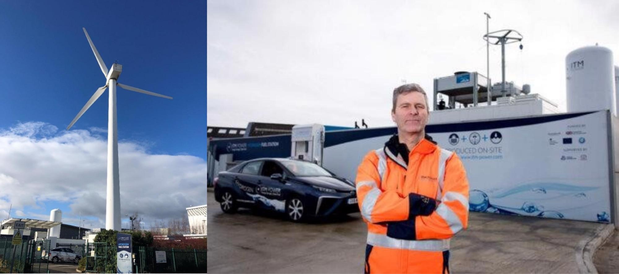 Left: ITM Rotherham hydrogen station powered by wind turbine; Right: Birmingham ITM hydrogen station with Duncan Yellen ITM motive CEO.