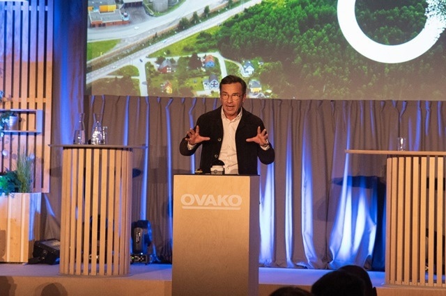 Swdish Prime Minister Ulf Kristersson speaks on stage at the grand opening of the Ovako facility.