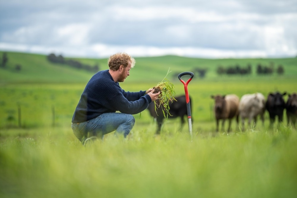 farming kneeling down looking at crops