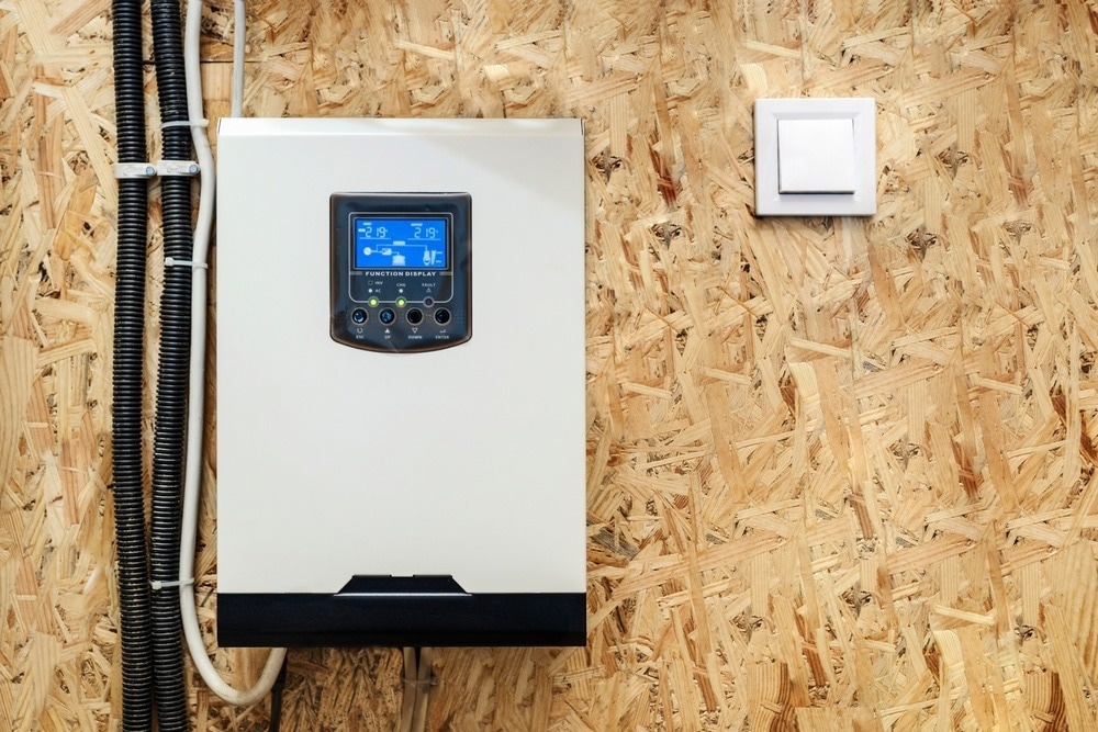 Solar Inverter Hybrid isometric System Controller with Switch. Home Battery Energy Storage located in Garage Wall.