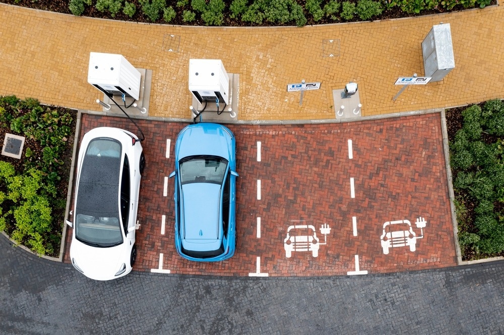 electric vehicle cars parked and charging