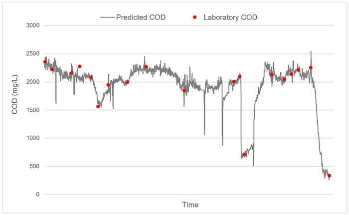 Real-time COD data from UV-VIS sensor with custom calibration and laboratory COD results