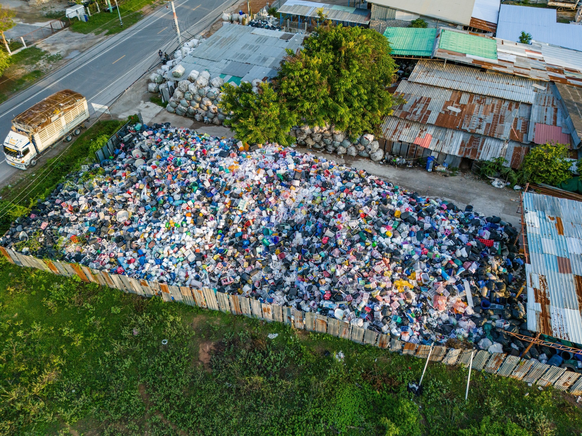 plastic pollution in landfill from above