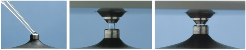 NanoDrop Microvolume Sampling platform Left: Loading of a 1 μL sample on the measurement pedestal Middle: Sample measurement at 1 mm pathlength Right: Sample measurement at 0.2 mm