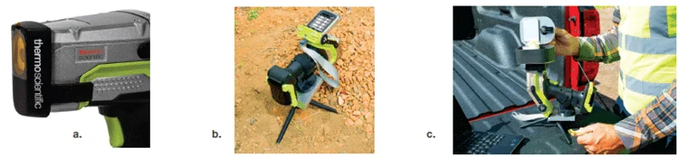 Accessories for the Niton XL5 Plus handheld XRF analyzer: a) Soil guard to protect window bracket b) Tripod for in-situ measurements c) Mini test stand.