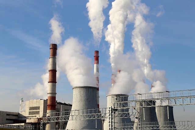 Coal burning power plant with smoke stacks, Moscow, Russia