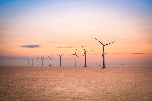 Offshore wind farm at dusk in the East China sea