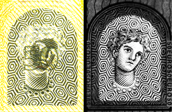 Visible (Left) vs QCL-IR (Right) reflection mosaic image of a 50 Euro note.