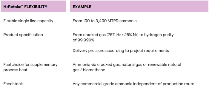 H2Retake™: A table of properties.