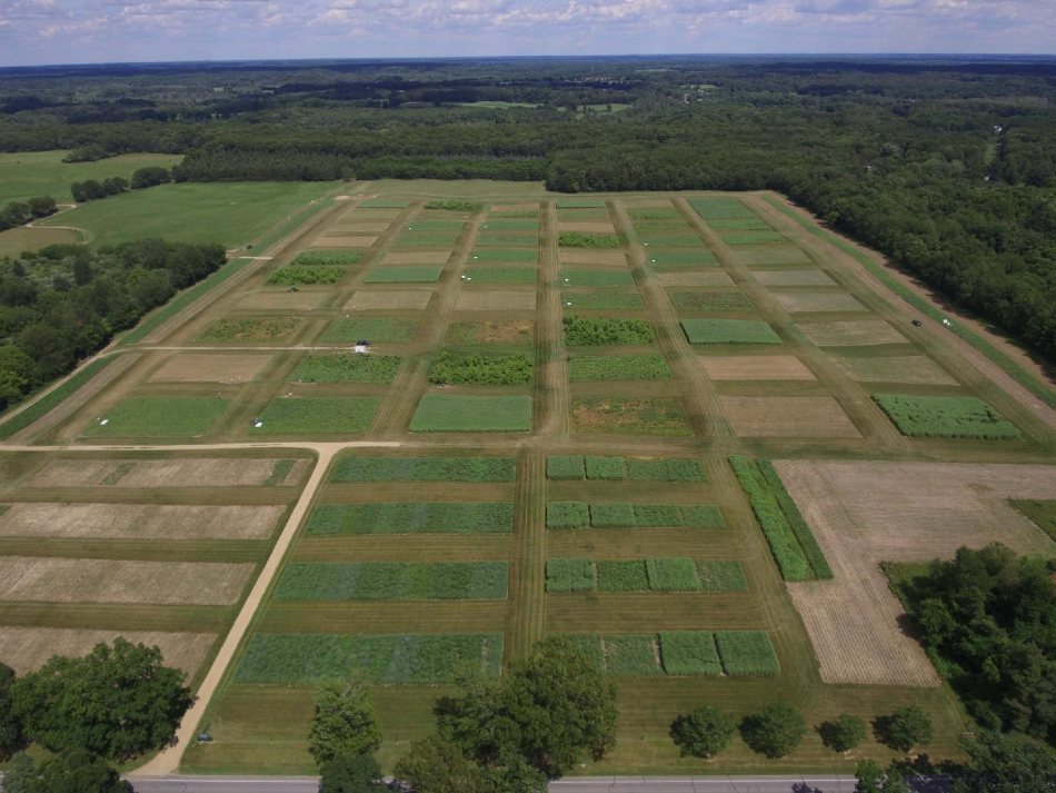 PHOTO OF THE BIOFUELS CROPPING SYSTEM EXPERIMENT IN MICHIGAN, TAKEN BY AN UNMANNED AERIAL VEHICLE (UAV)