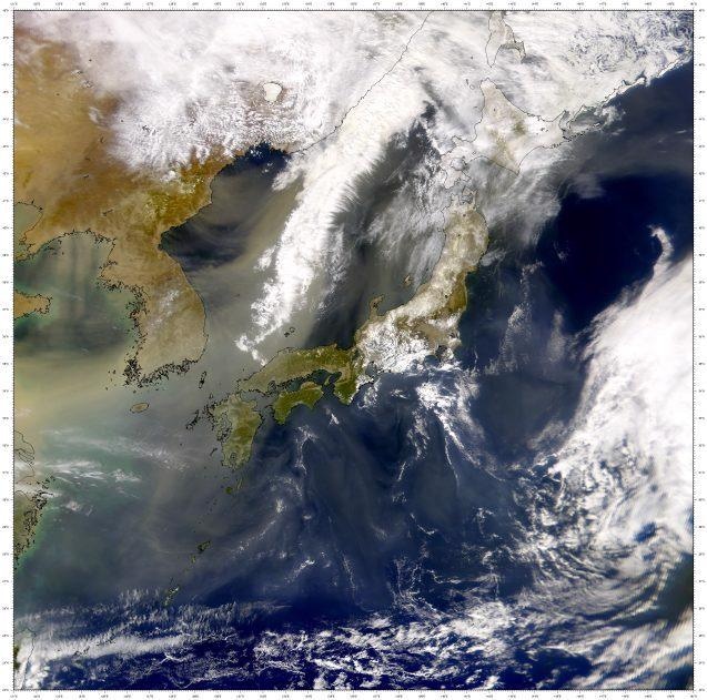 Image of a dust plume leaving China and crossing the Korean Peninsula and Japan.