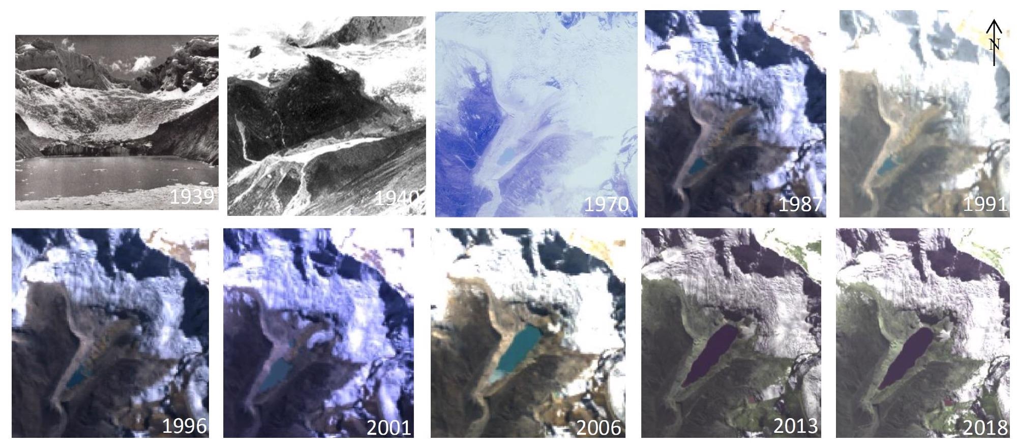 Historical photographs (first three panels) and satellite images show how Lake Palcacocha has grown as the glacier has receded.