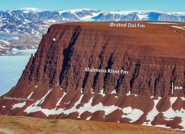 A cliff in Jameson Land Basin in central East Greenland, the northernmost site where sauropodomorph fossils are found. The labels point out several series of layers that helped the researchers precisely date the oldest sauropodomorph fossils in North America.