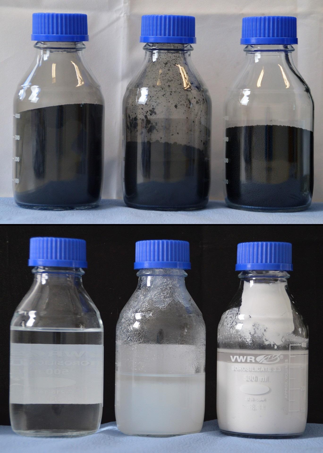 Top, primary product from left to right: raw rCB, clean rCB (96+), pearlized clean rCB (96+). Bottom, secondary products recovered from the ash, from left to right: liquid sodium silicate or “water glass”, precipitated SiO2, precipitated ZnSO4. Image Credit: Fraunhofer Institute for Building Physics IBP.