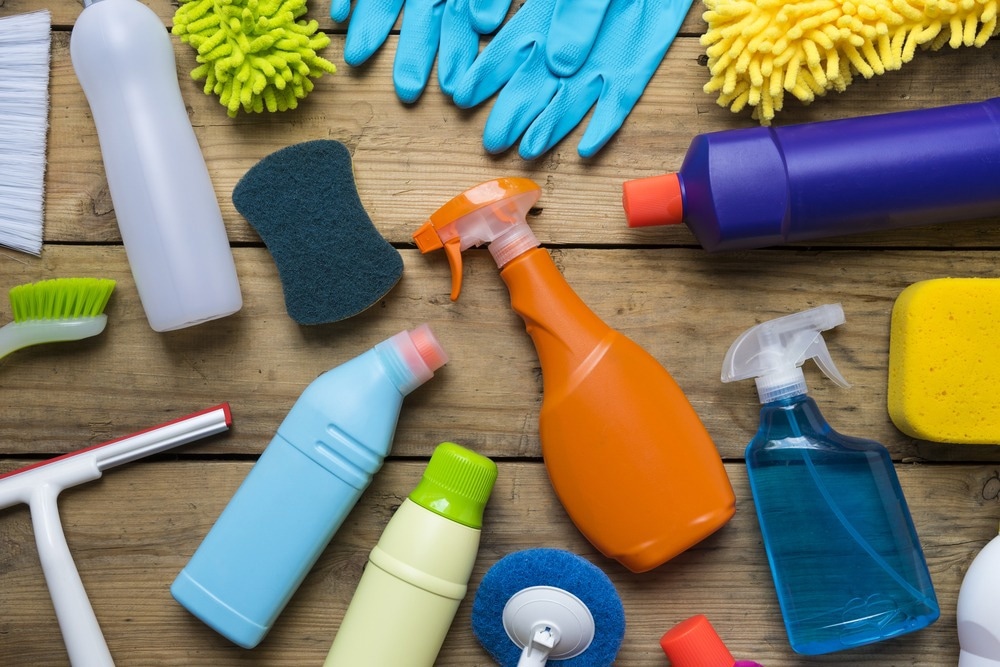 House cleaning product on wood table