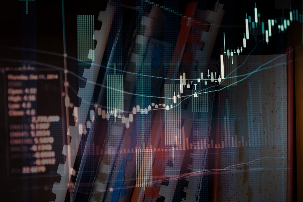 Statistics on stock market info, which including of many economic statistics such as bar chart and pie diagram on digital information screen