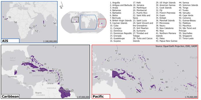 The image identifies where all 57 SIDS are located globally, including in the more concentrated regions of the Pacific (in red) and Caribbean (in black).