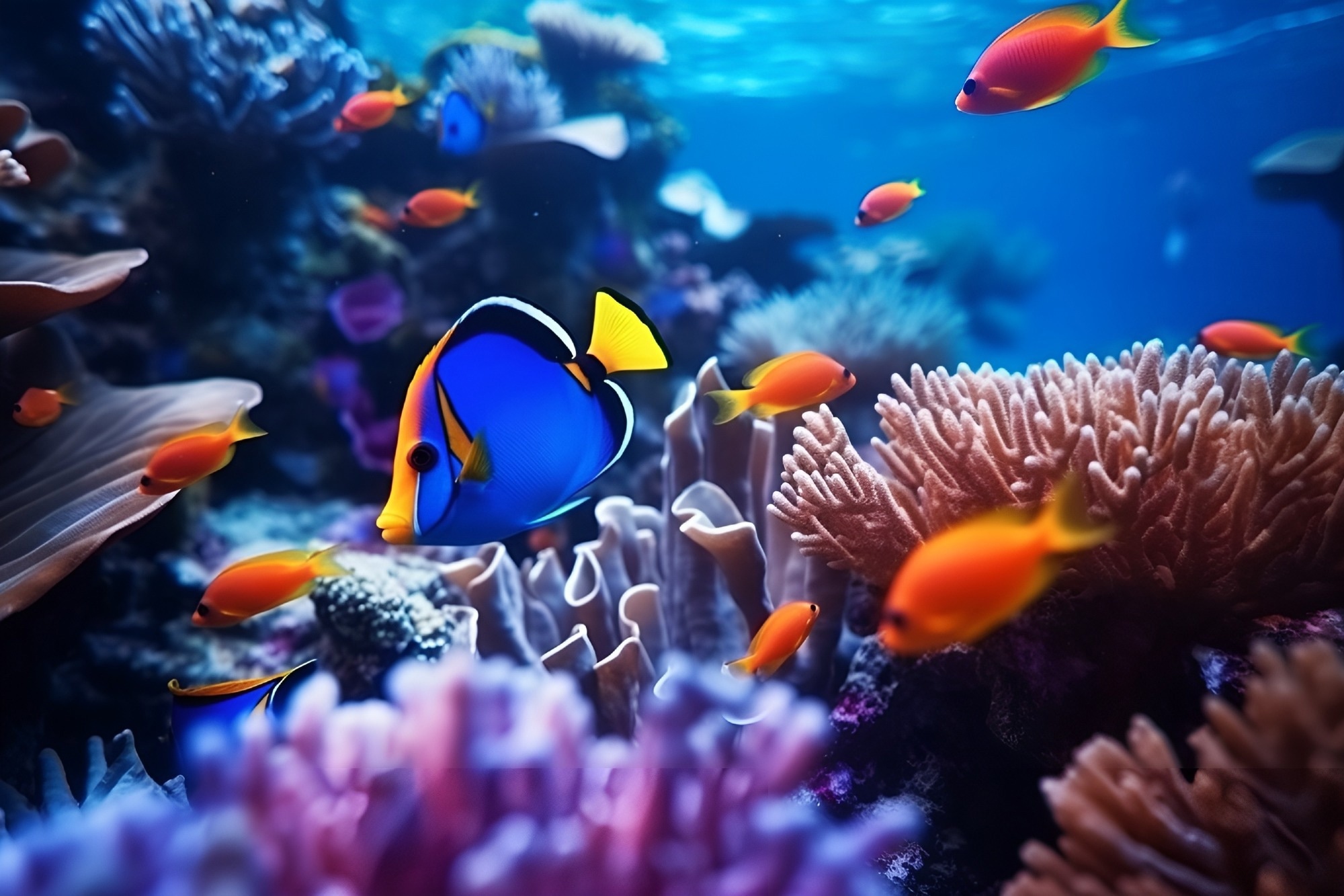 Tropical sea underwater fishes on coral reef.