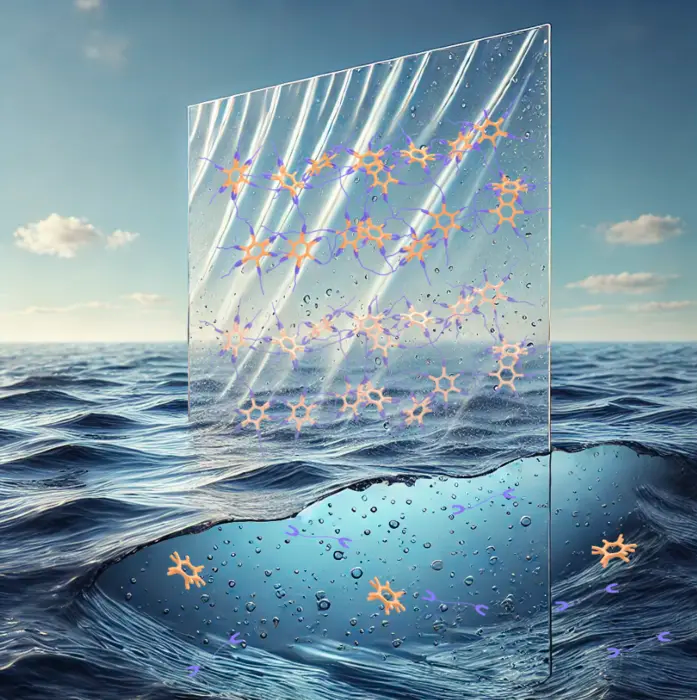 Artistic rendering of the new plastic. Cross-linked salt bridges visible in the plastic outside the seawater give it its structure and strength. In seawater (and in soil, not depicted), resalting destroys the bridges, preventing microplastic formation and allowing the plastic to become biodegradable.