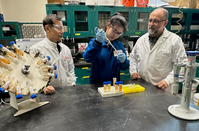 Doctoral student Meng Ji working in the lab with Stevens professors Xiaoguang Meng and Christos Christodoulatos